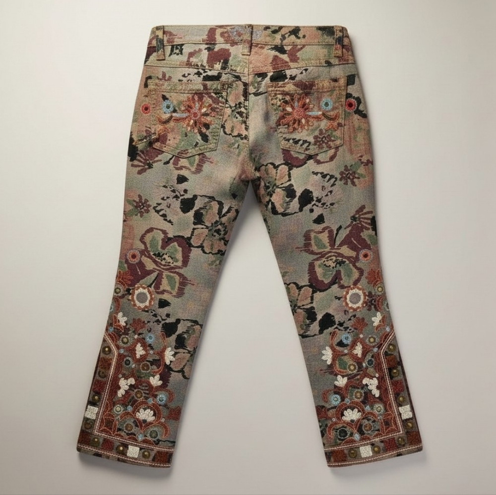 Johnny Was 2-10-10-5 Biya Embroiderd Camo Floral Denim Cropped Boho Jeans Y2K - Picture 2 of 10